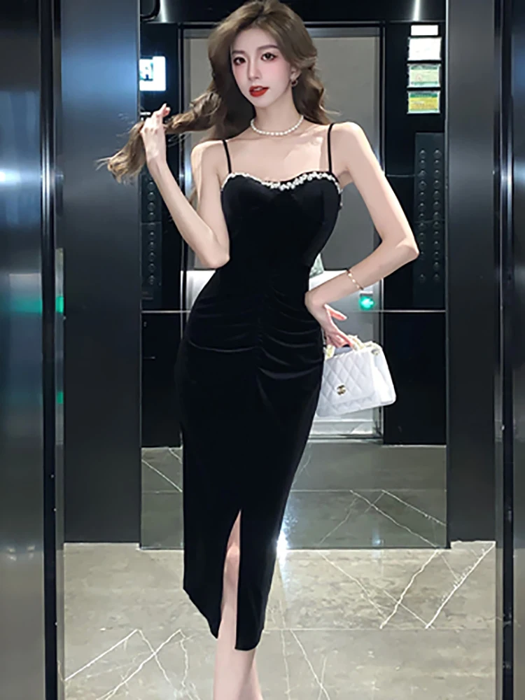 Siyah Kadife Elmas Sling Seksi Midi Elbise Kadınlar için Sonbahar Kış Lüks Dans Parti Elbise 2023 Kore Zarif Festivali Elbise