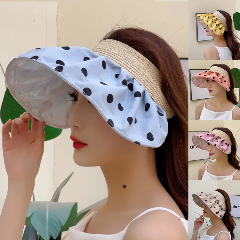 Kadın güneş şapkası Kabuk Vizör Güneşlik Şapka UV Koruma Geniş Ağız güneş şapkaları Polka Dot Hollow Üst Kapağı Açık Güneş Koruyucu plaj şapkası