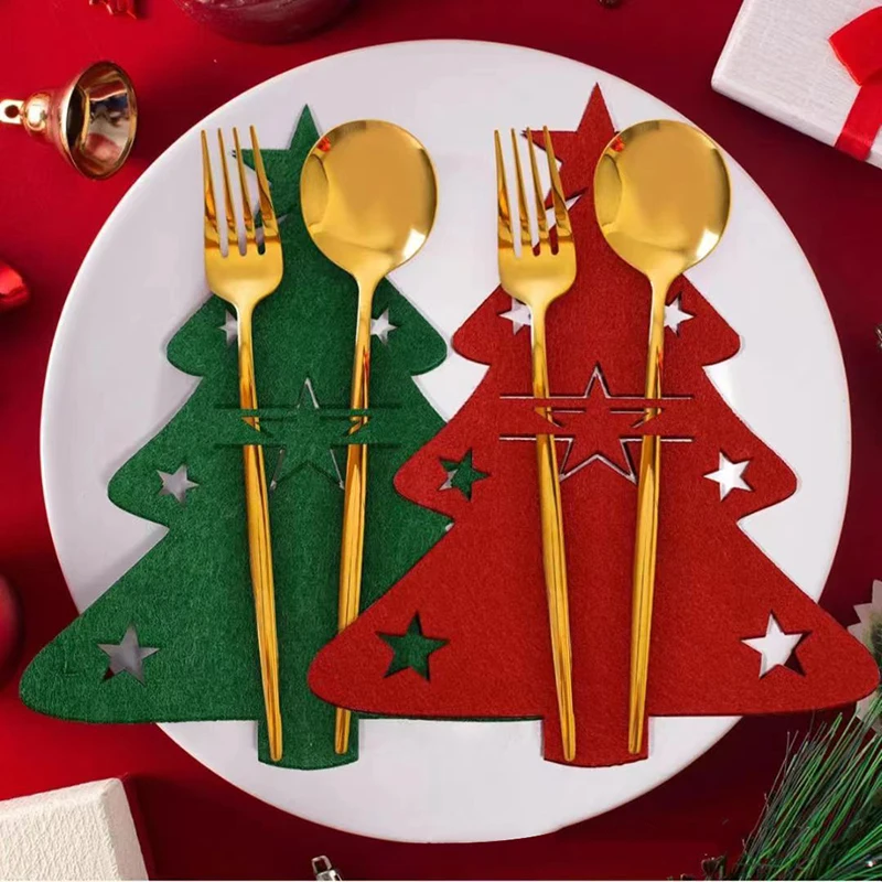 2 adet Noel Bıçak Ve Çatal Tutucu Noel Ağacı Cep Çatal Çanta Dokunmamış Kumaş Tencere Organizatör masa süsü