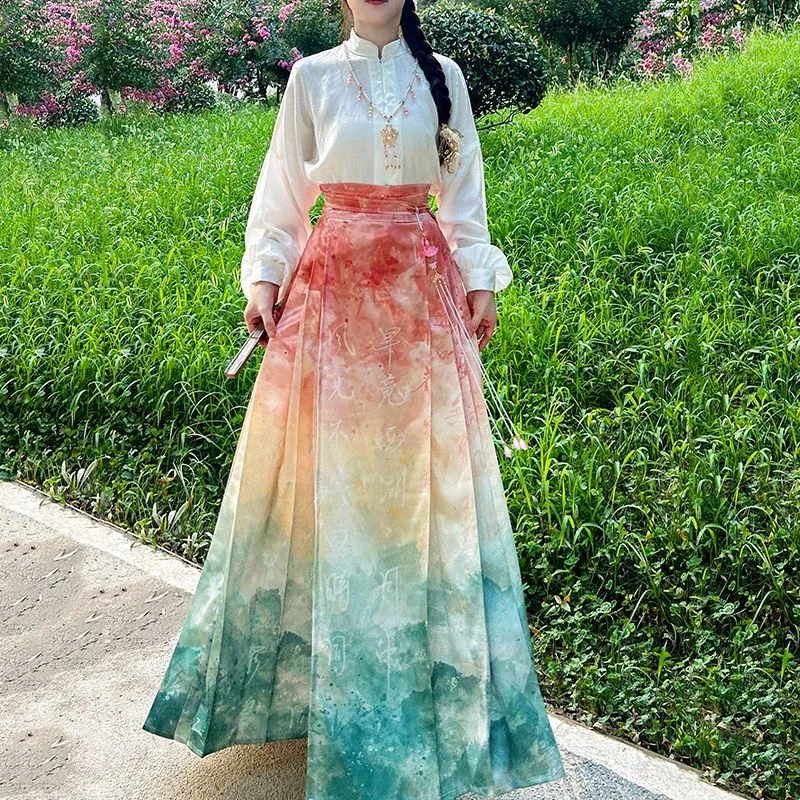 Kadınlar Geliştirilmiş Hanfu Yüksek Bel At yüz Pilili Etek Bluz Takım Elbise Eski Çin Geleneksel Ming Hanedanı Kostüm