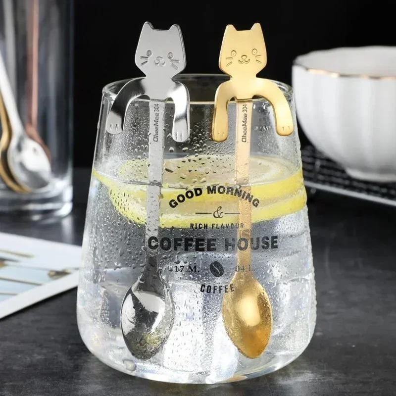Kedi Şekli Çay Kaşığı Paslanmaz Çelik Kahve Kaşığı Güzel Sevimli Tatlı Aperatif Kepçe Dondurma Mini Kaşık Sofra mutfak gereçleri