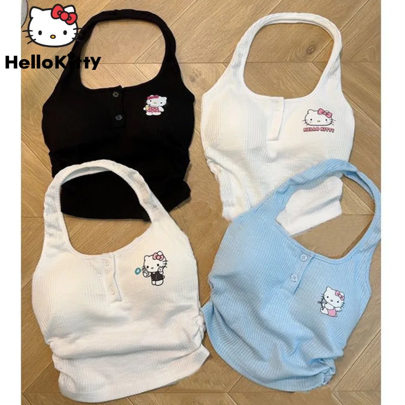 Sanrio Hello Kitty Mavi Pembe Tankı Üstleri Kadınlar İçin 2023 Yeni Yelek Kore Tarzı Üstleri Sutyen İle Sıcak Kızlar İçin Örme İç Çamaşırı Üst
