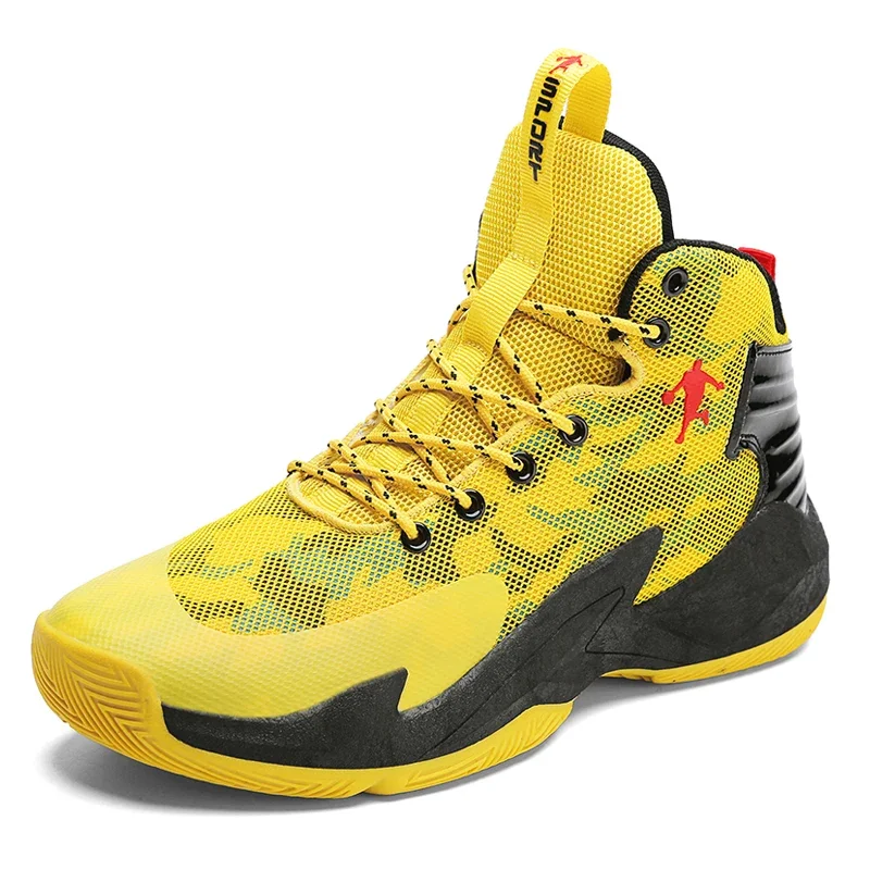 Moda Örgü Sarı basketbol ayakkabıları Erkekler Yüksek Top kaymaz Erkek Spor Ayakkabı Basketbol Şok emici Elastik spor ayakkabılar Adam için