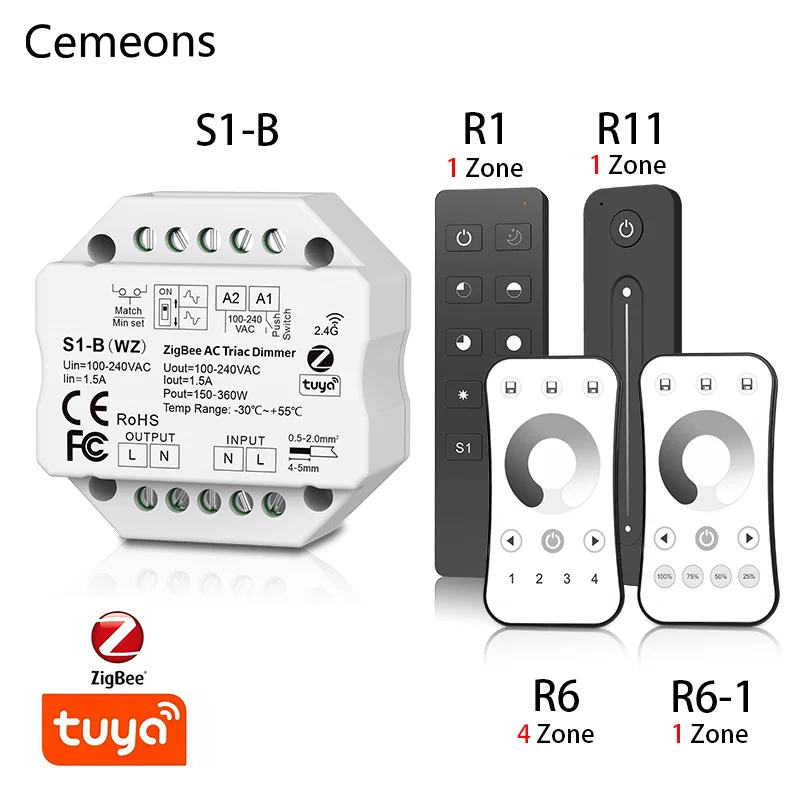 Tuya ZigBee LED Dimmer S1-B AC triyak ayarlı kısıcı 2.4 G Kablosuz RF Uzaktan Kumanda Akıllı S1-B basmalı düğme Dimmer LED Şerit için