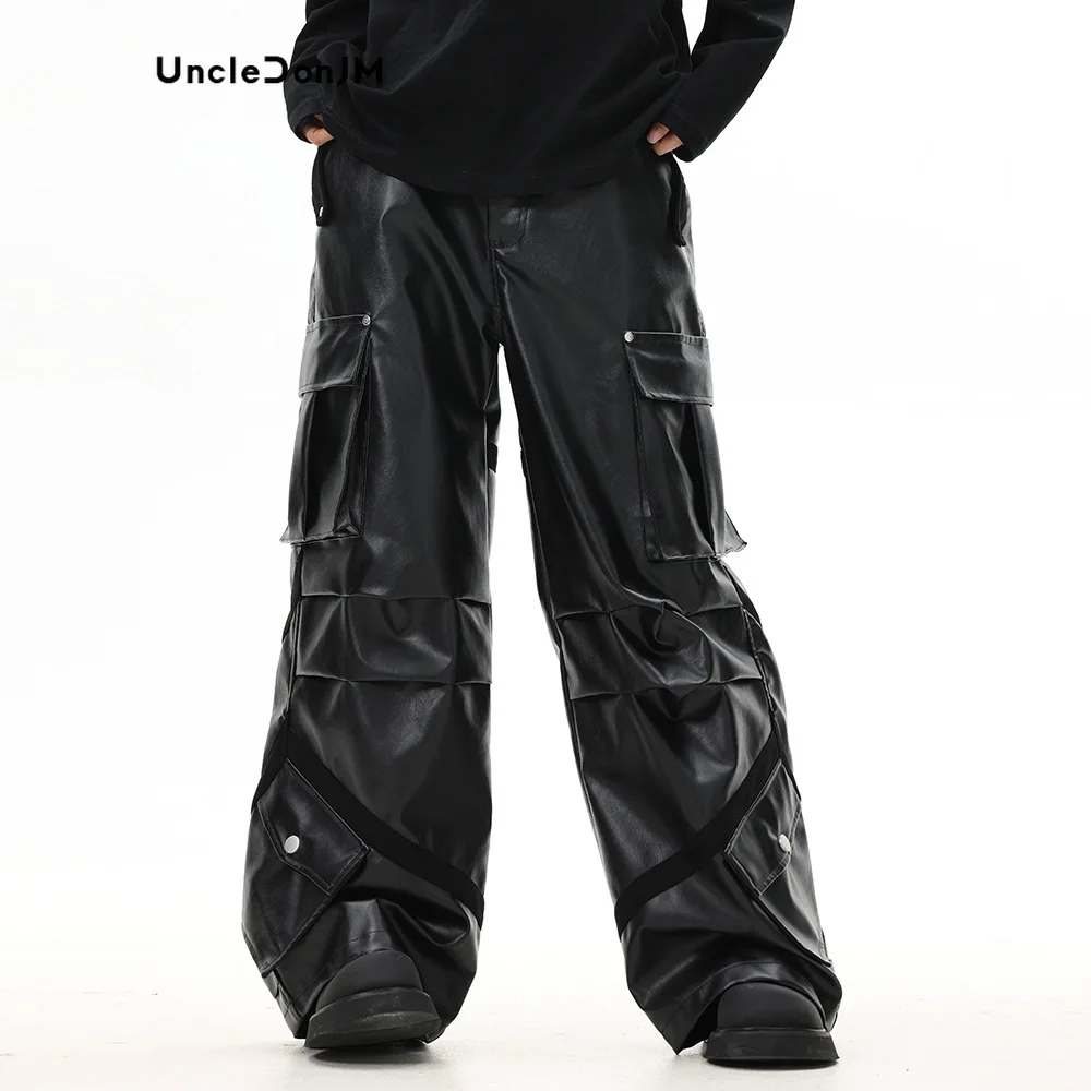 UNCLEDONJM Deri Pantolon Erkekler için Kalınlaşmış Yüksek Sokak Pilili Tasarım Çoklu Cepler dökümlü pantolon Unisex