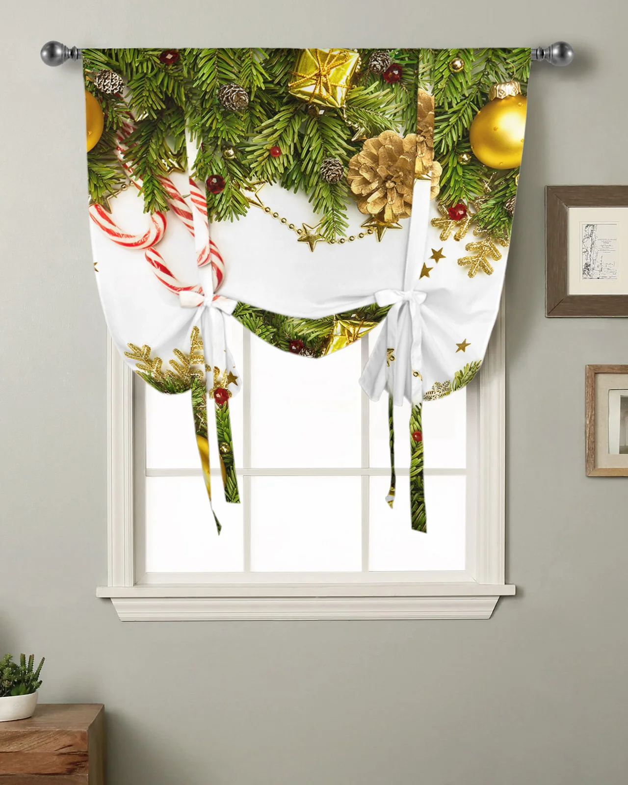 Noel çam iğneleri ışıkları mutfak kısa pencere perde çubuk cep perdeleri ev dekor küçük pencere roma kravat perdeleri