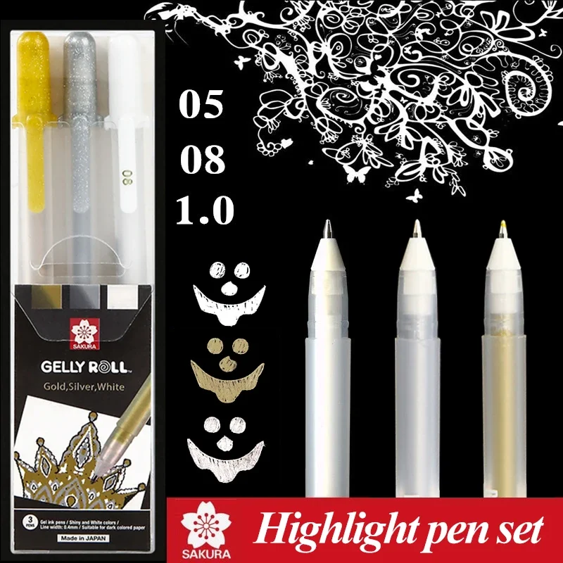 Sakura 3 adet Gelly Rulo Klasik vurgulayıcı kalem jel mürekkep kalemler Parlak Beyaz Kalem Vurgulamak Kroki Işaretleyici Altın Gümüş Vurgulama