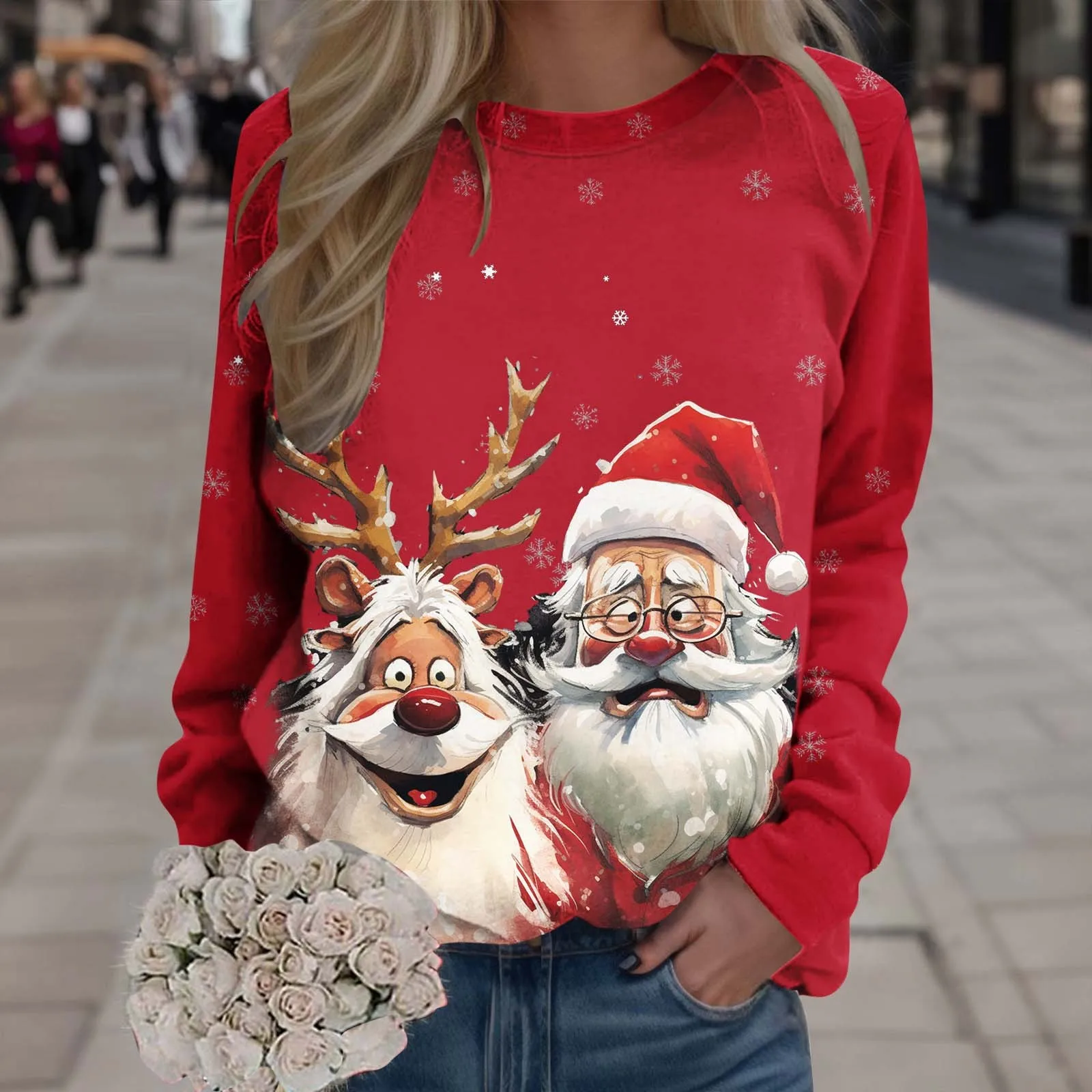 Bayan Merry Christmas Baskı O Boyun Yuvarlak Boyun Kazak Tops Moda Uzun Kollu Kazak Atletik Hoodie Navidad Giysileri