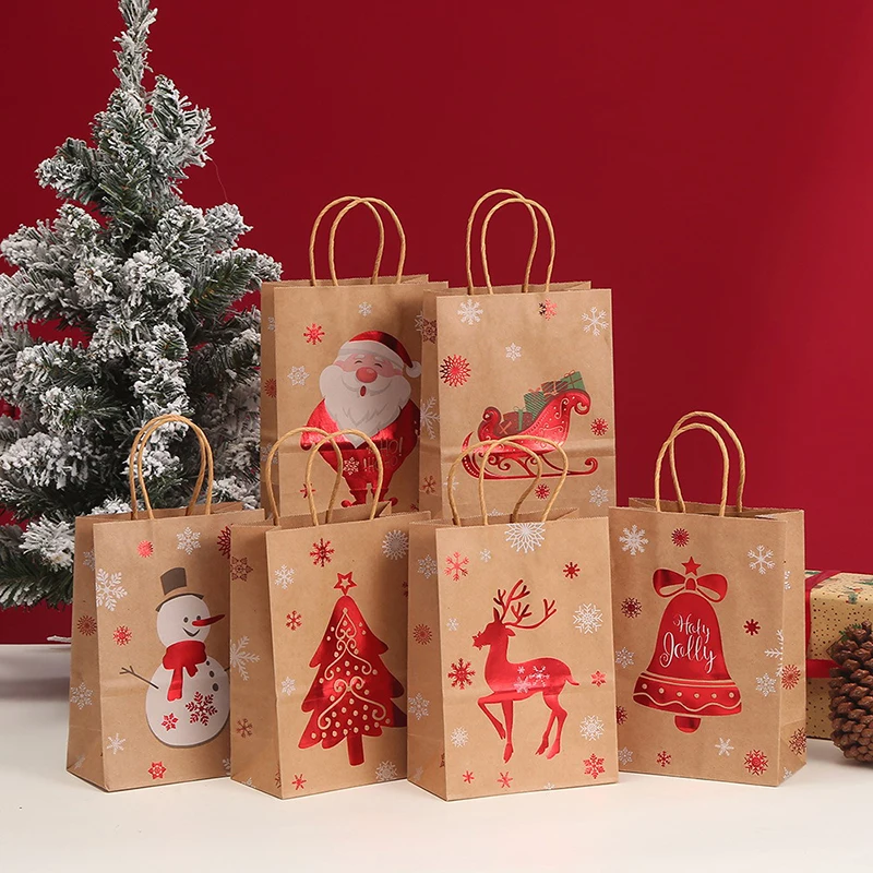5 adet noel hediyesi kulplu çanta Kraft Kağıt Torbalar Noel Baba Kardan Adam 2024 Noel Partisi Şeker Çantası Çerez Hediye Çantası
