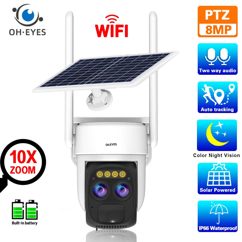 4k 8MP 10X Zoom Güneş Wifi PTZ IP Kamera açık renkli gece görüş Akülü Kablosuz CCTV Güvenlik Gözetim Kamera