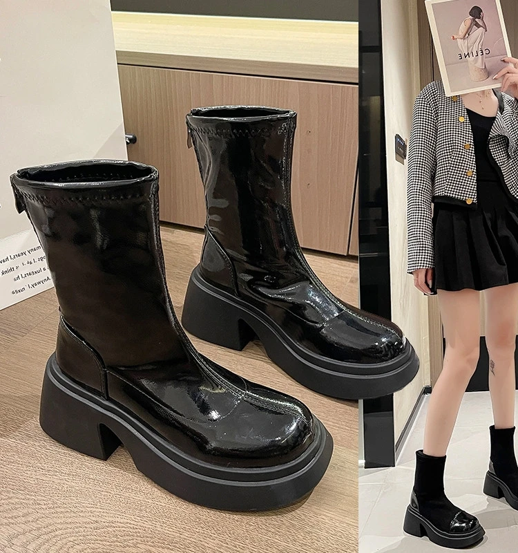 Ayakkabı Botları Yuvarlak Ayak Kış Ayakkabı Takunya Platform Çizmeler - Kadın Lolita Kaya Sonbahar 2023 Yüksek Topuk Ayak Bileği Kauçuk Deri