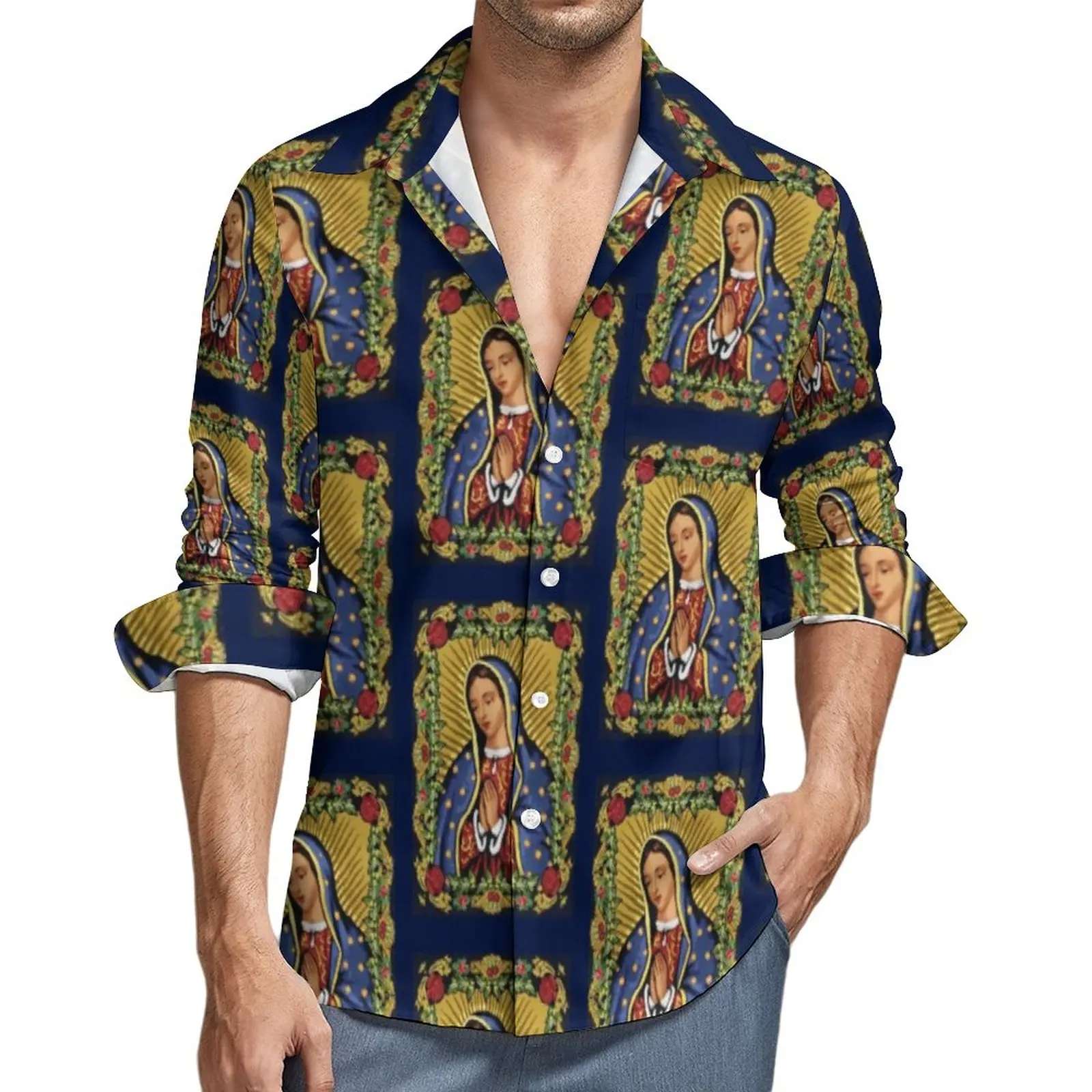 Our Lady of Guadalupe Gömlek Sonbahar Meryem Casual Gömlek Adam Serin Bluzlar Uzun Kollu Grafik Sokak Tarzı Büyük Boy 3XL 4XL