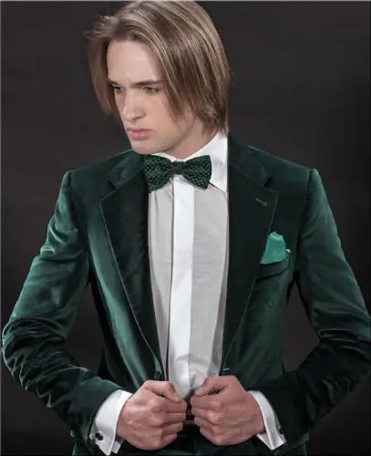 Özel Yapılmış Yeşil Kadife Erkek Takım Elbise Özel Yapılmış Terno Slim Fit Damat Smokin Düğün Erkek Takım Elbise 2 Adet (Ceket + Pantolon + Papyon)