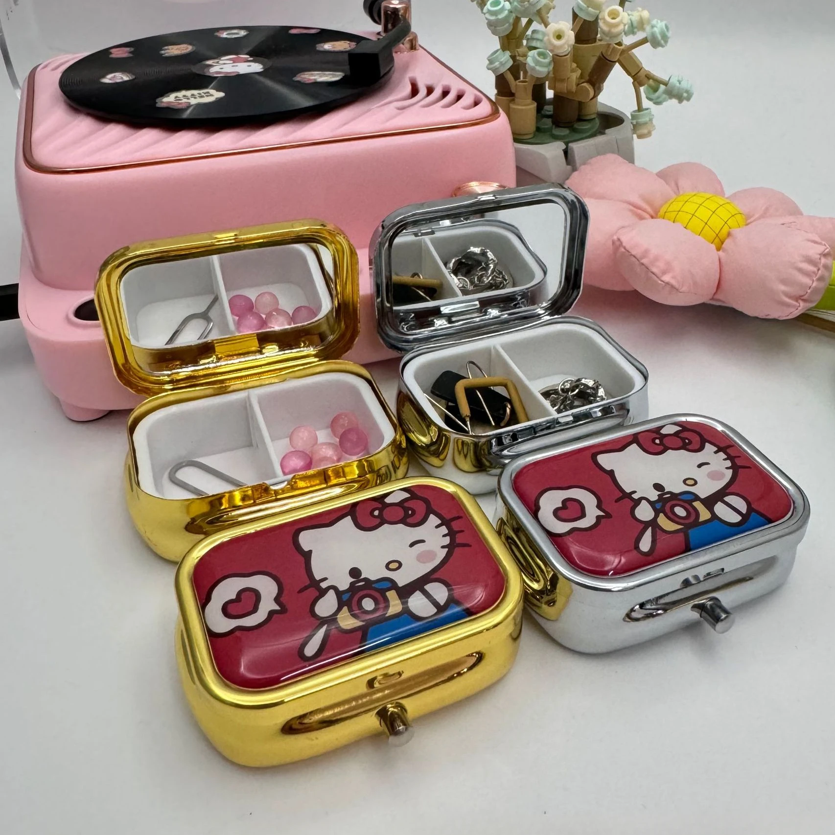 Kawaii Karikatür Hello Kittys Cinnamorolls Taşınabilir Mücevher kutulu HD Ayna Sevimli Kız Kalp Seyahat Çok Fonksiyonlu saklama kutusu