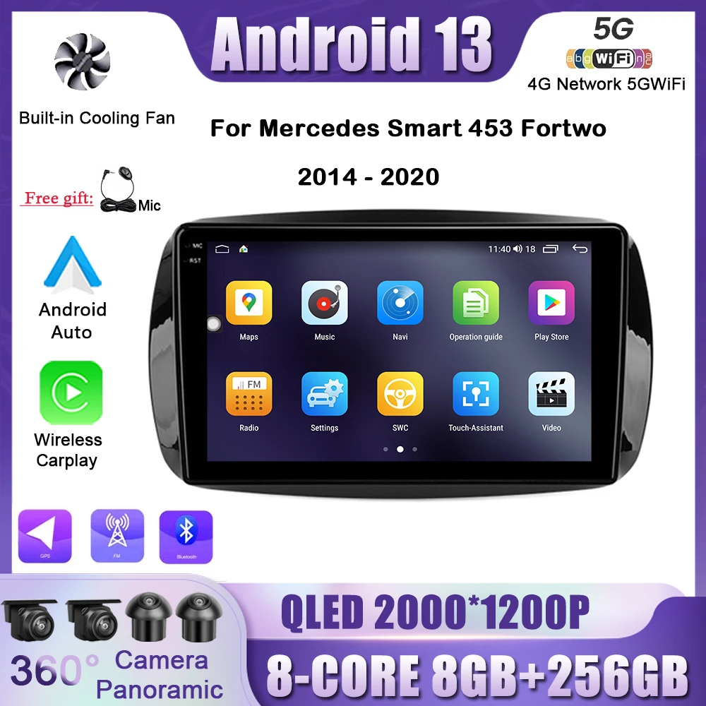 Mercedes Akıllı 453 için Fortwo 2014-2020 Android 13 Araba Akıllı Sistem Radyo Multimedya Oynatıcı Navigasyon GPS Carplay 9 inç