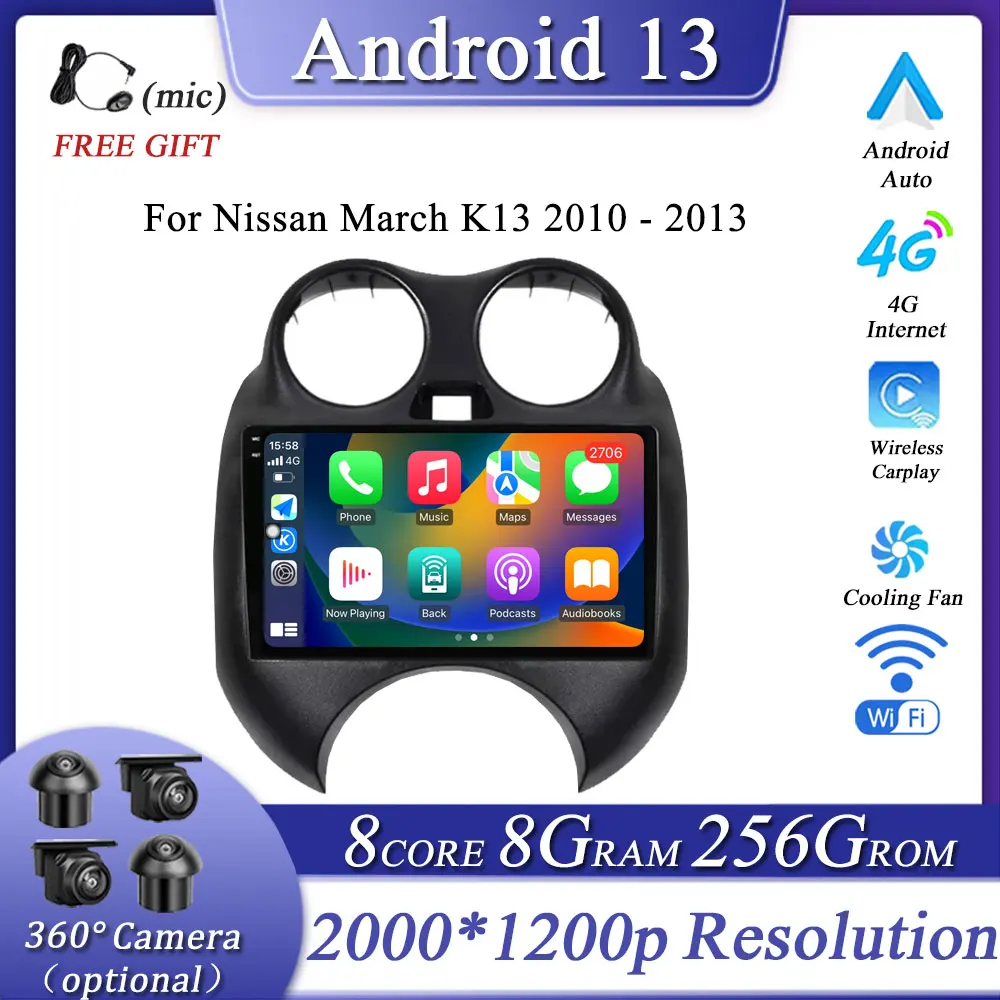 Araba Radyo Nissan Mart için K13 2010-2013 Multimedya Oynatıcı Navigasyon GPS Ses Carplay Akıllı Sistem WİFİ Android 13