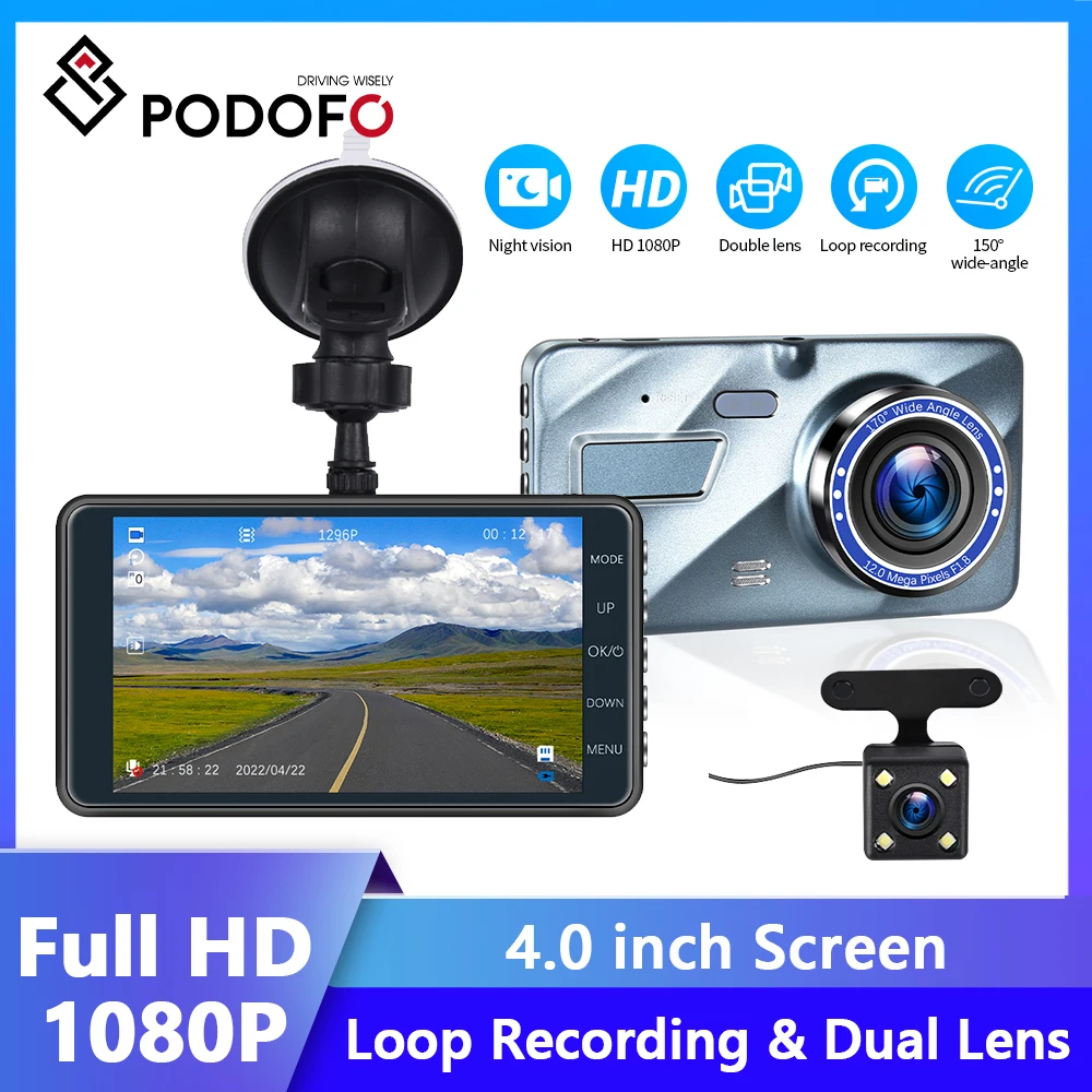 Podofo araba dvr'ı Kamera Video Kaydedici Dikiz Çift Lens 1080 P HD Ayna Kaydedici TF Kart Dash kamera