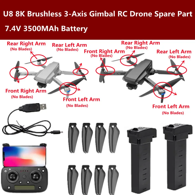 U8 6K 8K Fırçasız 3 Eksenli Kendinden Dengeleyici Gimbal RC Drone Yedek parça 7. 4V3500MAh Pil / Pervane / Uzaktan Kumanda / Kol / USB kablosu