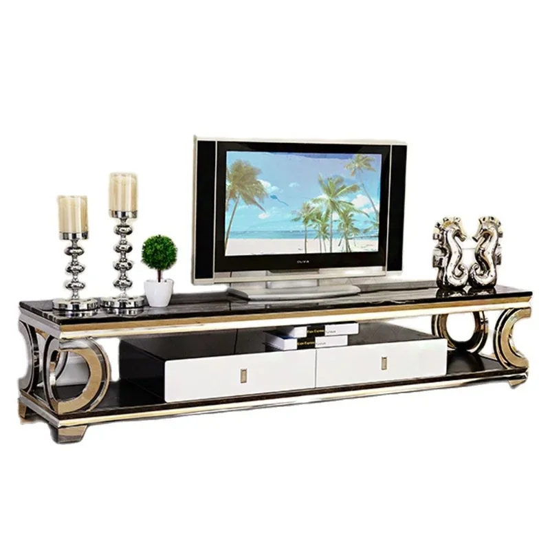 Doğal mermer Paslanmaz çelik TV standı modern Oturma Odası Ev Mobilyaları led tv monitör standı mueble dolabı mesa TV masası