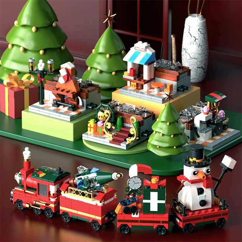 Noel Tren Yapı Seti Süsler Oyuncaklar Kış Köy İstasyonu Yapı Taşları Modeli Seti Noel Oyuncaklar Çocuklar ve Yetişkinler için