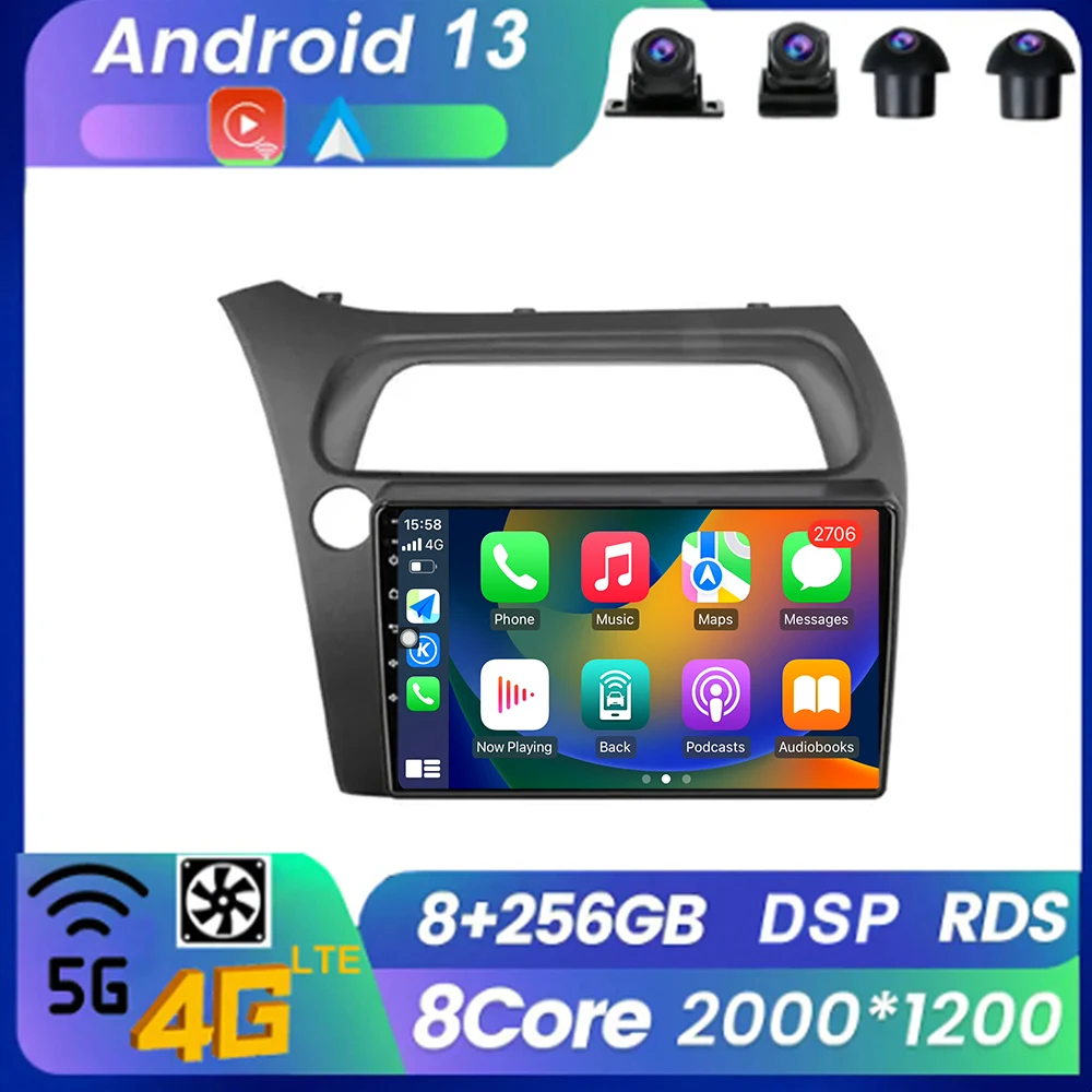 Kablosuz Carplay Multimedya Radyo Bluetooth WİFİ Autoradio Android 13 Honda Civic Hatchback 2006-2011 İçin
