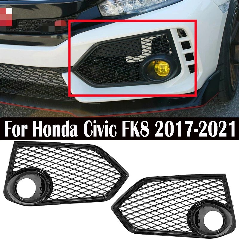 2 adet Honda Civic Type R İçin FK8 2017 2018 2019 2020 2021 Ön Tampon Sis aydınlatma koruması Örgü Parlak Siyah Lamba Kapağı