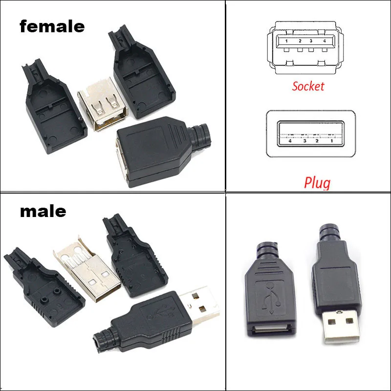 Tip A Erkek Dişi USB 4 Pin Fiş soketli konnektör Siyah Plastik Kapaklı Tip-A DIY Kitleri M20