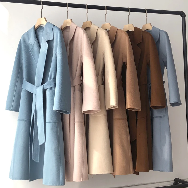 Hepburn Oluklu Su Dalgaların Yün Ceket Kore Kadın El Yapımı Çift taraflı Kaşmir Uzun Yün Ceket Kaşmir Ceket Max