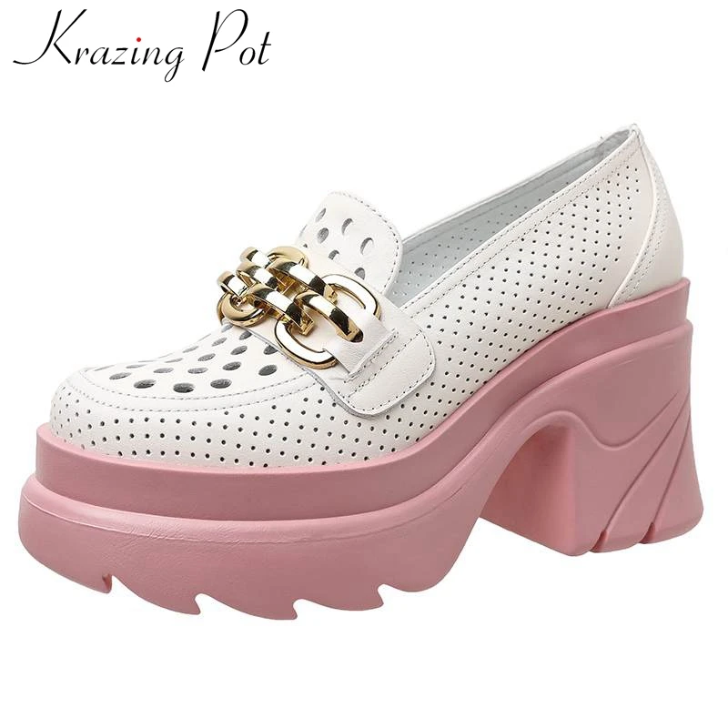 Krazing Pot inek deri metal süslemeleri yüksek topuklu platformu beyaz sneakers yuvarlak ayak yaz kayma oymak eğlence pompaları