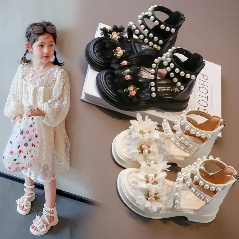 Çocuk Roma Ayakkabı Boncuk Kızlar Sandalet 2023 Yaz Yeni Çiçekler Çocuklar Daireler Prenses Rahat Tatil Yumuşak Tabanlı plaj ayakkabısı