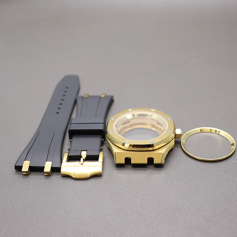 Altın 41mm Lüks Vintage erkek saati Kılıfları Kauçuk Bilezik Parçaları Seiko nh35 nh36 Hareketi 28.5 mm Arama Çelik Bölüm Yüzük