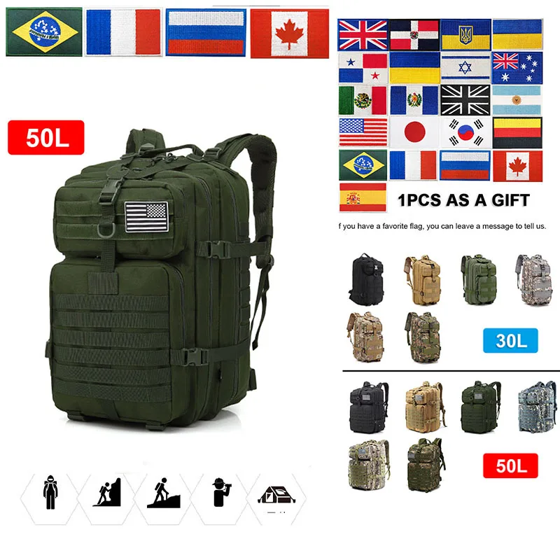 Spor Taktikleri Yürüyüş Sırt Çantası Yürüyüş 30L / 50L Ordu Taktik Sırt Çantası Büyük Kapasiteli Seyahat Sırt Çantaları Su Geçirmez Tırmanma Çantaları