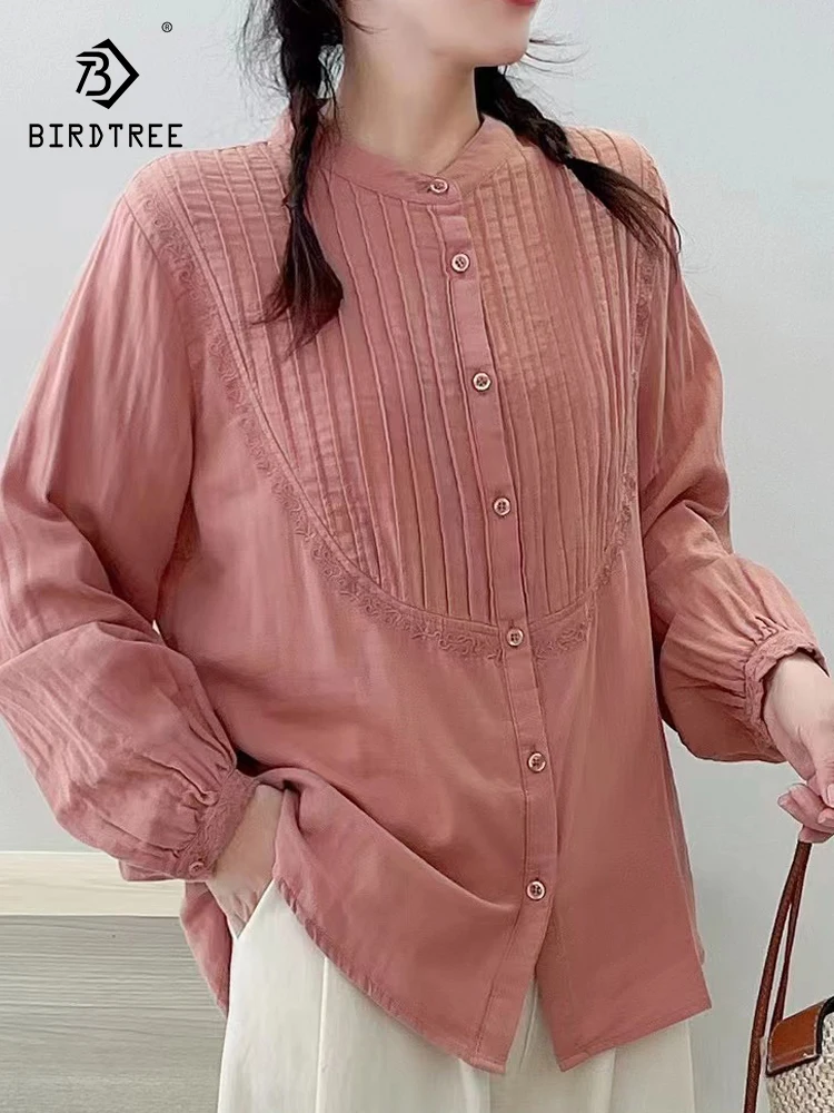 Yeni Sonbahar Pamuk Katı Gömlek Kadın Standı Yaka Kıvrımlar Tops Kız Uzun Kollu Gevşek Bluzlar Temel Edebiyat Bahar T397102QC