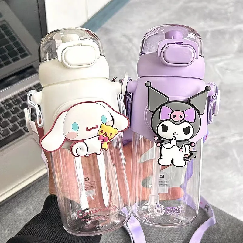 600ML Sanrio Cinnamoroll Plastik damlatmaz bardak Anime Kuromi Melodi Karikatür Kawaii Spor Su Şişesi Kahve Çocuklar Su Şişesi Hediye