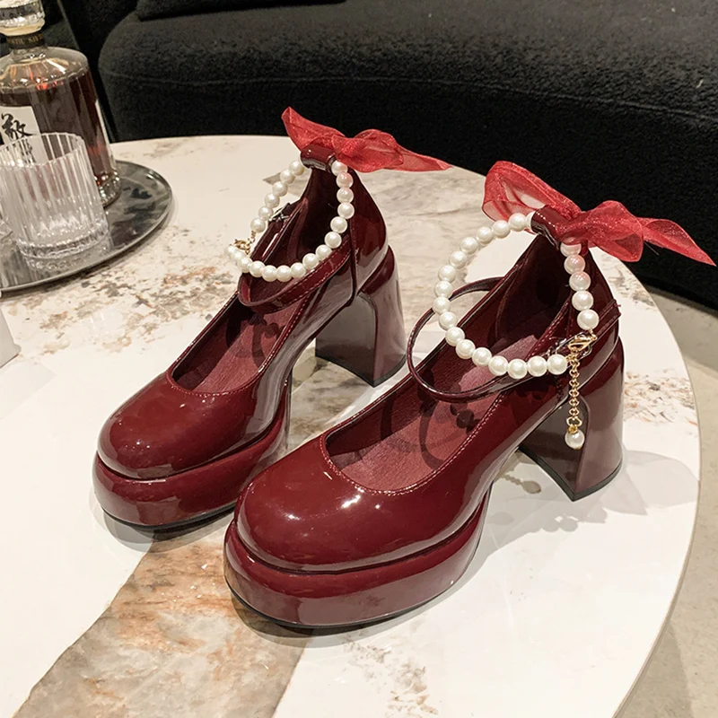 Dize Boncuk Yay Mary Janes Ayakkabı Kadınlar Yüksek Topuklu Tıknaz ayakkabı Yaz 2024 Elbise Zarif Lolita Ayakkabı Lüks Pompalar Mujer Zapatos