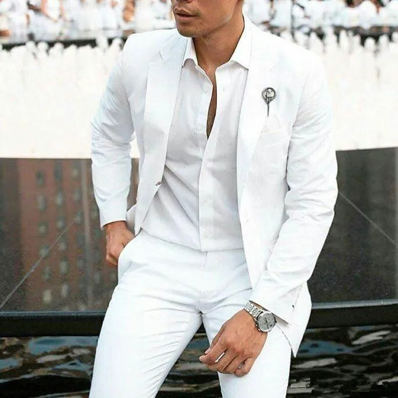 (Ceket+Pantolon) TPSAADE Yaz Beyaz Keten Damat Smokin Düğün Takımları Düğün 2 Parça Erkekler Blazers Slim Fit Kostüm Homme