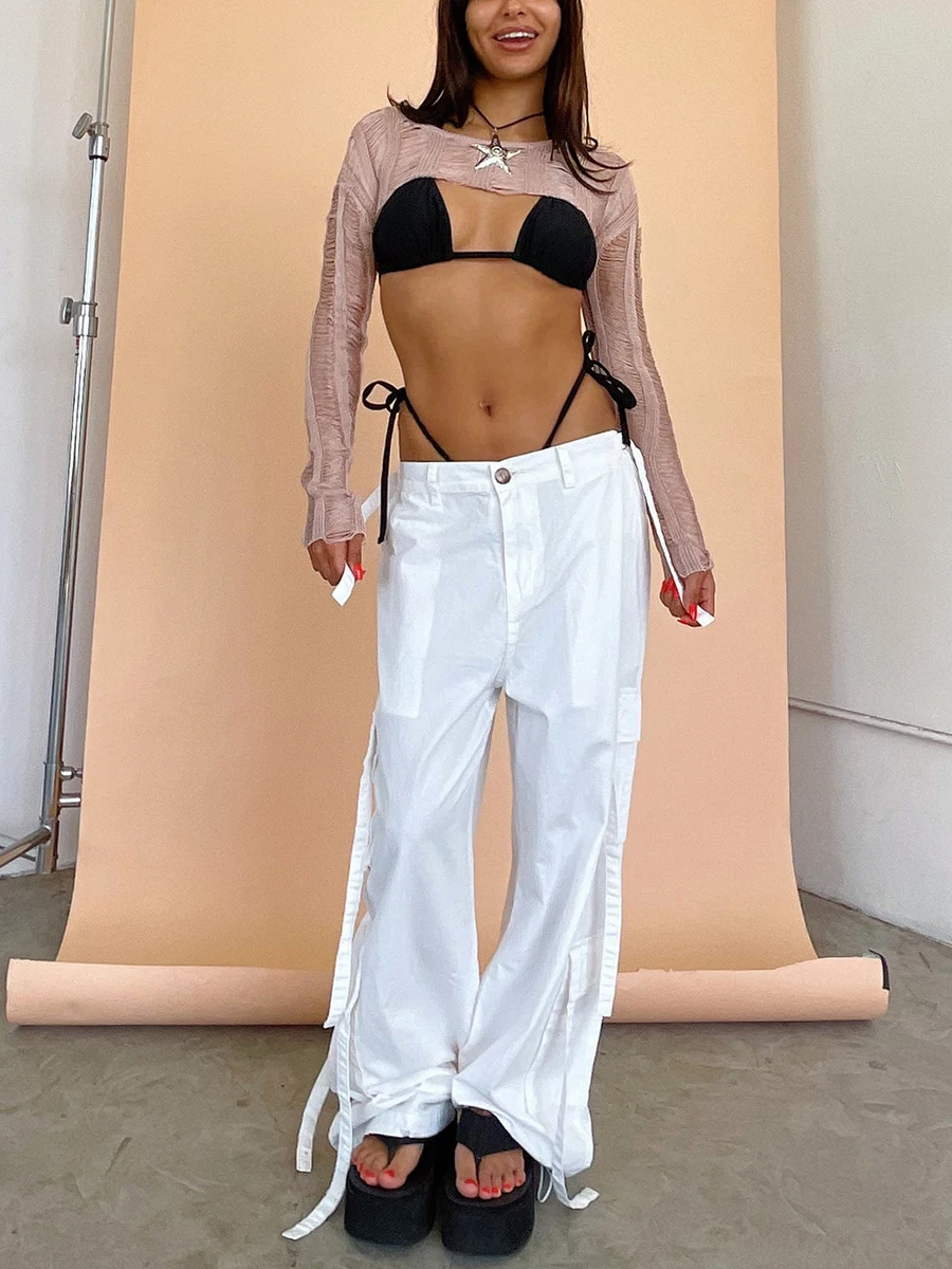 Bayan Kargo Pantolon Yüksek Belli Casual Baggy Sıkı Geniş Bacak Y2K Dışarı Çıkmak Pantolon Moda Streetwear Cepler ile