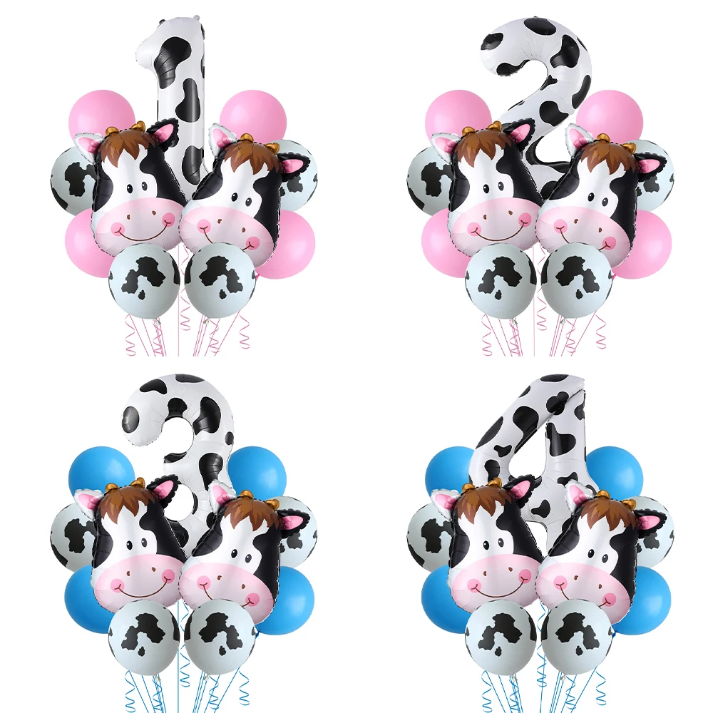 12 adet İnek Kafa Balonlar Seti 40 inç İnek Baskılı Numarası Balon Çiftlik Hayvan Tema Doğum Günü Partisi Dekoru Bebek Duş Globos