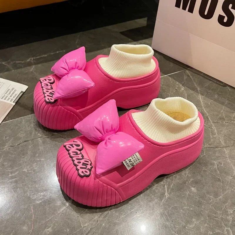 Kawaii Barbie Su Geçirmez pamuk terlikler Kadınlar için Kapalı ve Ev Kalın tabanlı kaymaz Çanta Sıcak Çift Ayakkabı