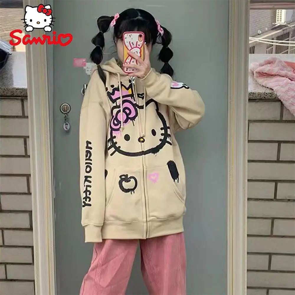 Kawaii Sanrio Hello Kitty kadın Kapüşonlu Sweatshirt Bahar Sonbahar Rahat Hırka Sevimli Anime Karikatür Baskı Uzun Kollu Ceket