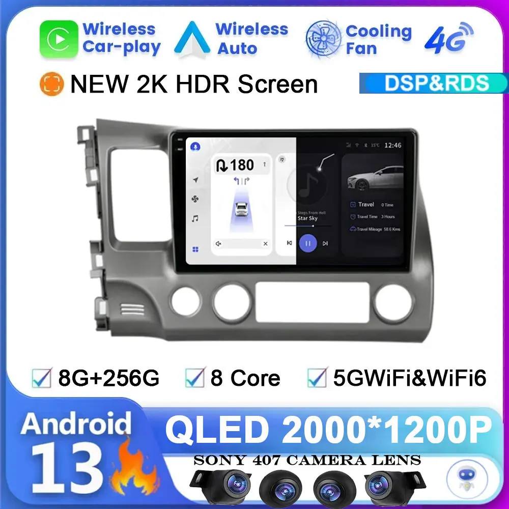 Android 13 Araba Radyo Stereo Honda Civic İçin 8 2005 - 2012 Carplay Multimedya Video Oynatıcı Navigasyon GPS 2 Din 4G WiFi Ses DVD