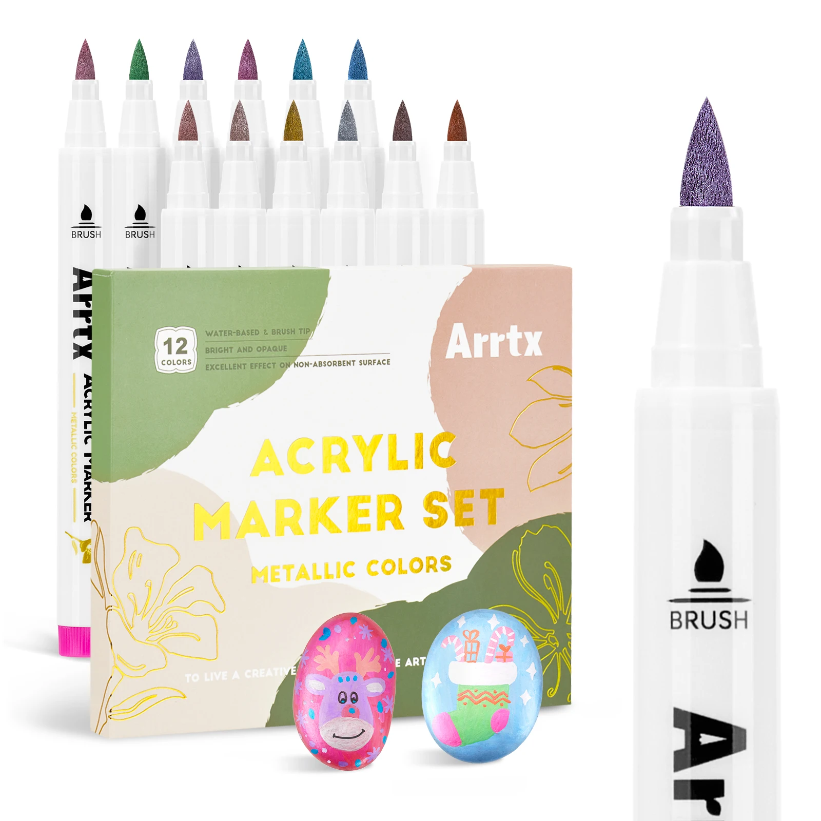 Arrtx 12 Metalik Renkler Akrilik İşaretleyici, Fırça Akrilik Kalemler Kaya Taş Seramik Porselen Kupa Ahşap Kumaş Tuval Boyama