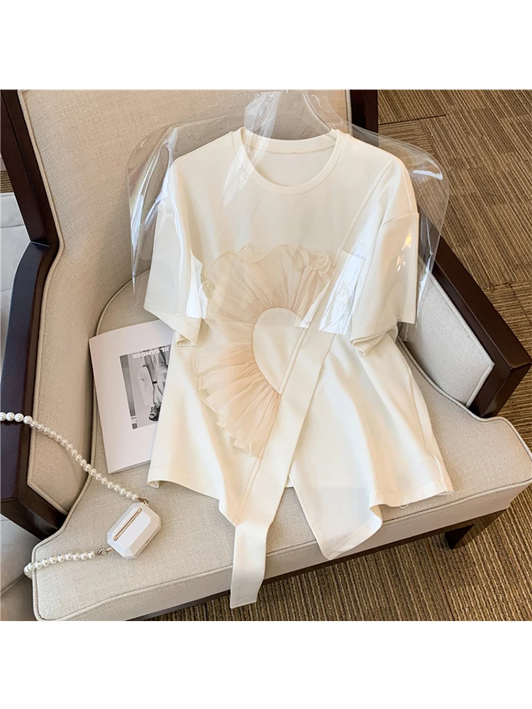 Kadın Rahat Düzensiz Patchwork Örgü O-boyun kısa kollu tişört 2023 Yaz Yeni Moda Gevşek Beyaz Kadın Tees En