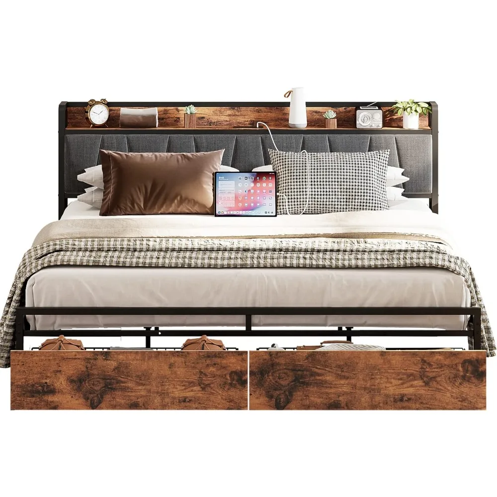 LIKIMIO king - size yatak Çerçeve, Şarj İstasyonu ile Depolama Başlığı, Çekmeceli Kutu Yayına Gerek Yok platform yatağı