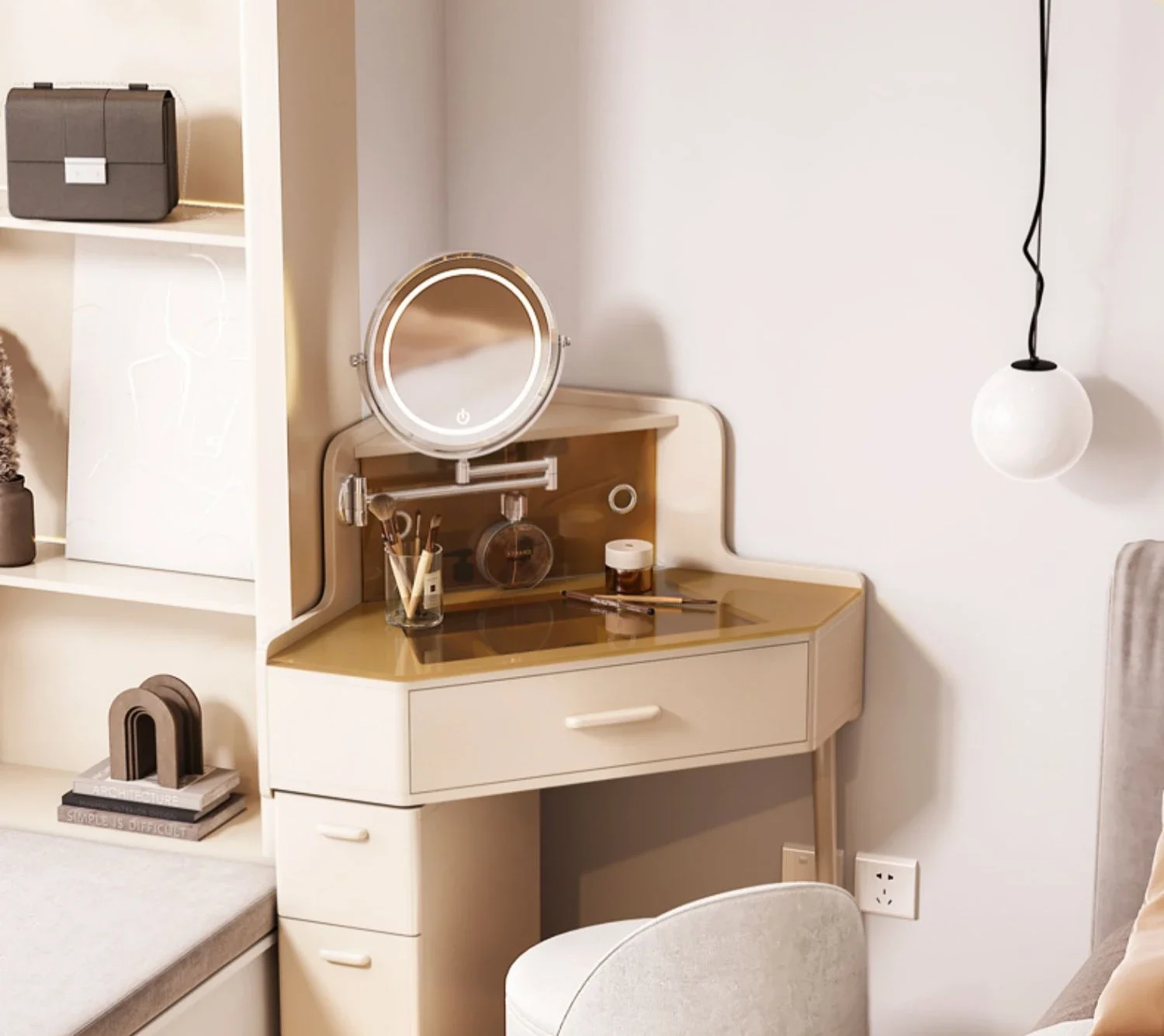 Köşe şifonyer, yatak odası köşesi, Fransız krem üçgen tuvalet masası, küçük modern, sade ve ultra dar daire