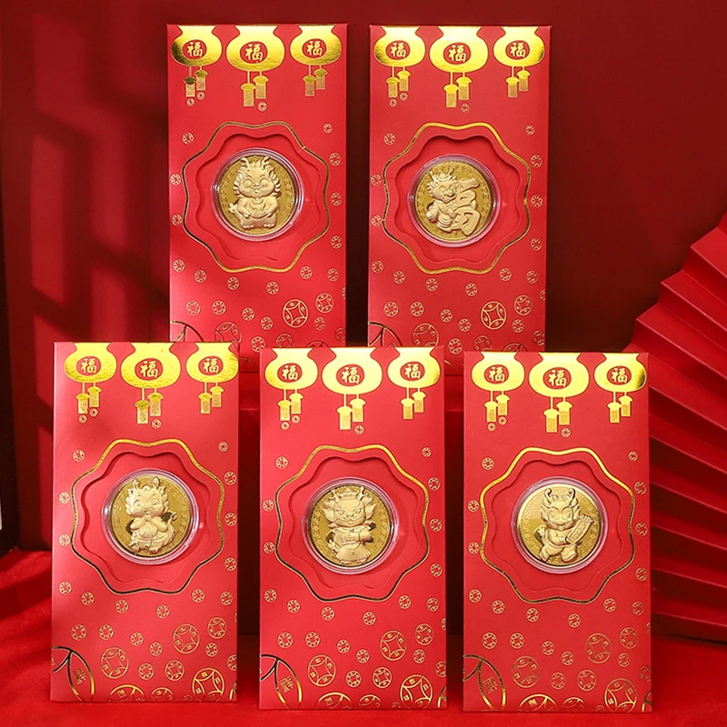 Çin Yeni Yılı Kırmızı Zarflar 2024 Ejderha Şanslı Para Zarfları Kırmızı Paket Altın Sikke İle Hong Bao Bahar Festivali Dekor İçin