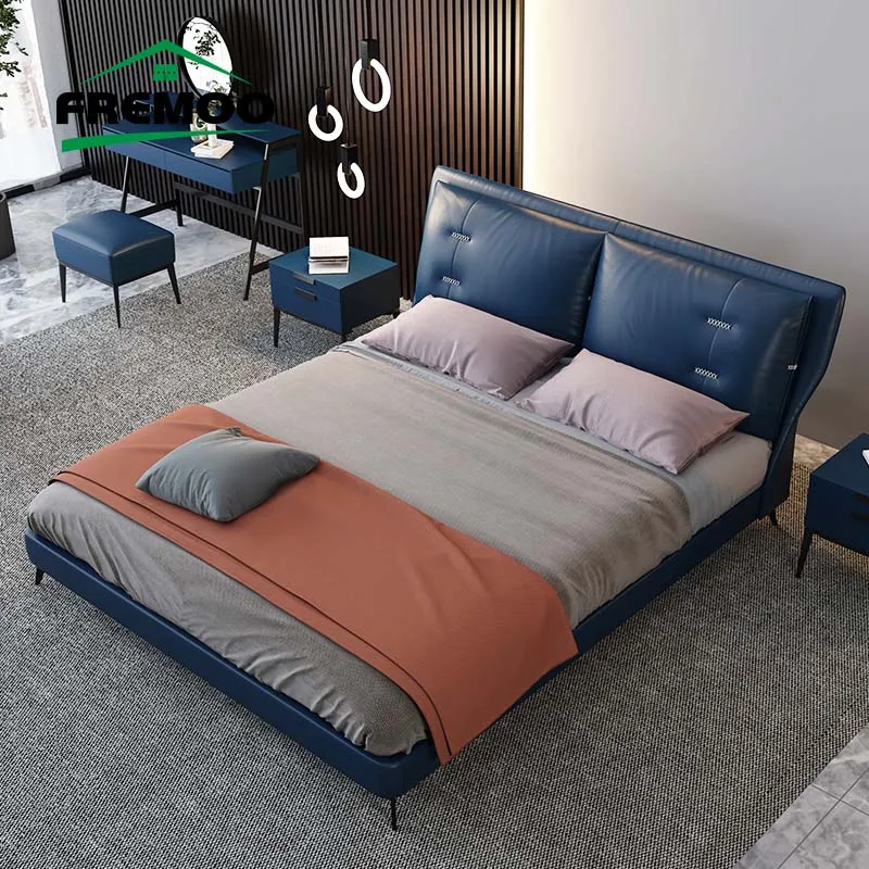 Minimalist Deri Çift Kişilik Yatak Ev yatak odası mobilyası Kral / Kraliçe Boyutu Çerçeve Yatak Deri Yatak Odası Yatak