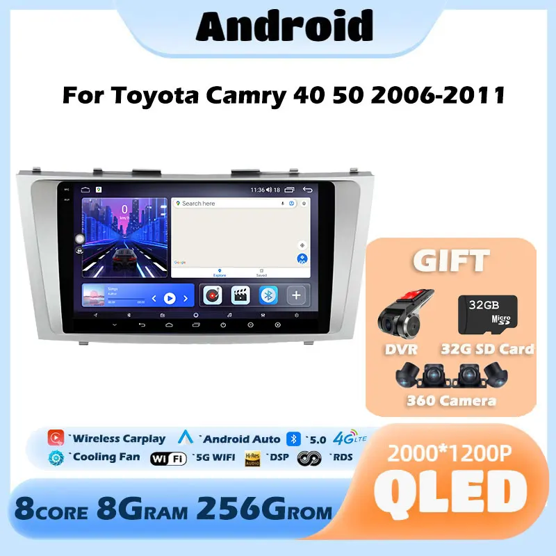 Android 13 Araba Radyo QLEDD/IPS Toyota Camry 40 50 2006-2011 Multimedya Oynatıcı GPS Navigasyon Stereo WiFi BT Carplay Oto DVD