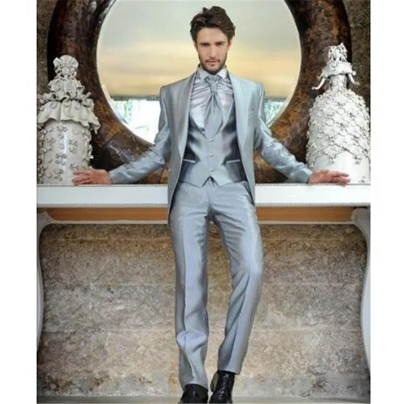 Gümüş Saten Şal Yaka Blazer Pantolon Düğün Takımları Setleri Erkekler İçin 3 Adet Ceket+Pantolon+Yelek+Kravat Parti Giyim Özel Erkek Giyim