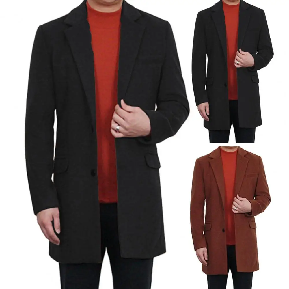 Düğme Clsoure Erkekler Uzun Ceket Şık erkek Resmi İş Palto Turn-aşağı Yaka Kalın Düz Renk Sonbahar / kış